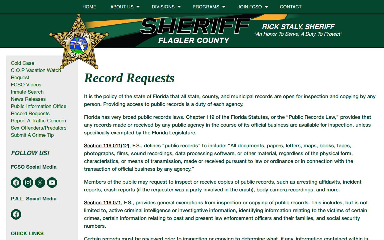 Flagler County booking record and mugshot request policy