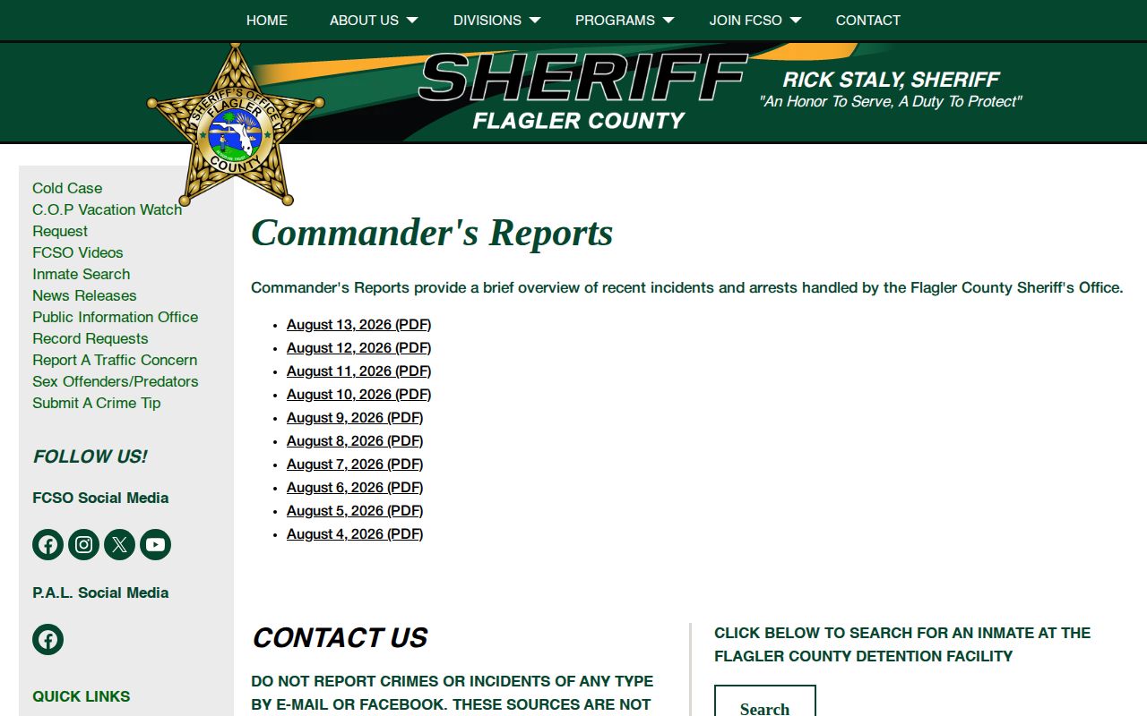 Flagler County recent arrest and Commander’s Reports index
