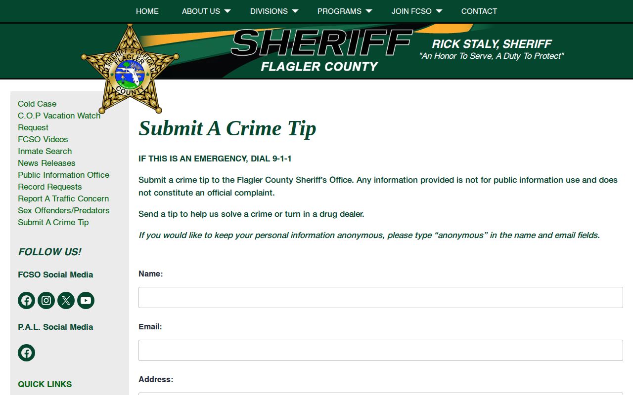 Flagler County wanted-fugitive official tip record route
