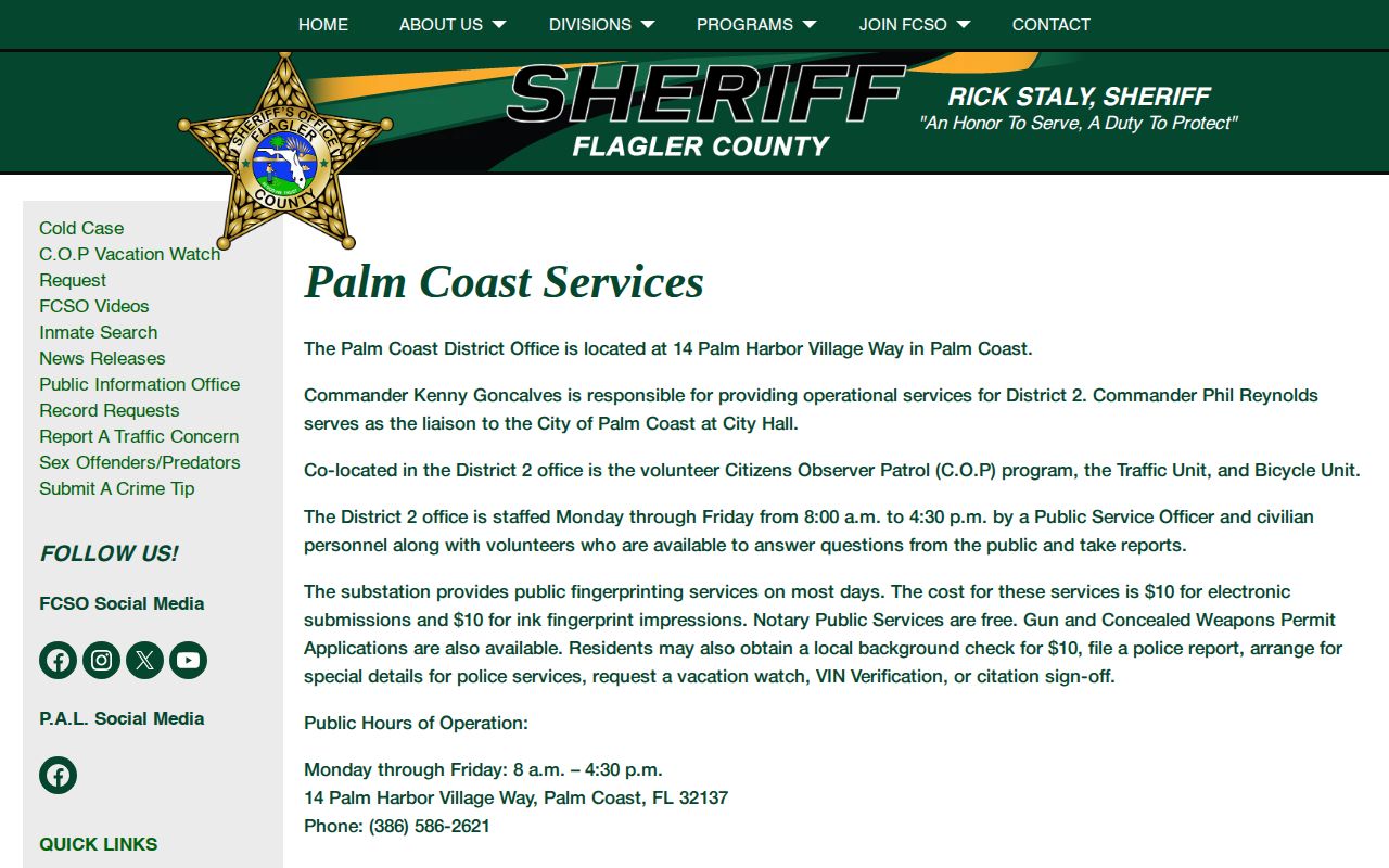 Flagler County sheriff Palm Coast arrest record services page